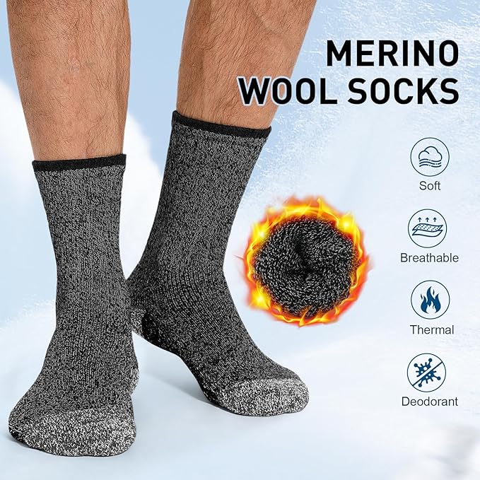 UUMIAER Merino Wool Socks for Men Hiking Thermal Warm Winter Crew Socks Thick Cushion Moisture Wicking Socks 5 Pairs