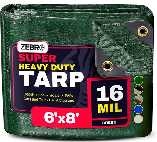 6' x 8' Green Heavy Duty Tarp with Grommets Reinforced - 16 Mil Thick - Double Sided Plastic Tarps Waterproof - Large Tarpaulin Cover for Outdoor Camping Over/Under Tent Tarp RV Roof Rain - Zebro