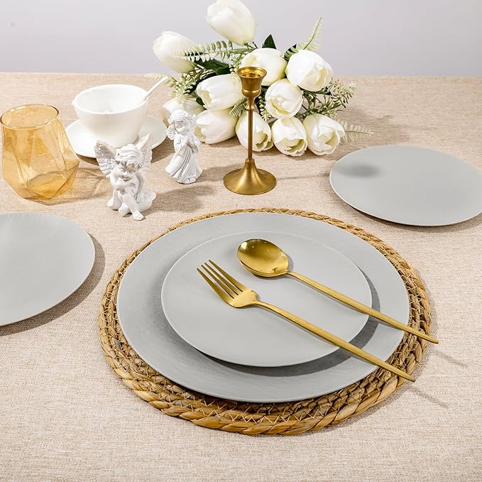 WONDERFUL 32pcs Light Grey Plastic Plates Reusable Unbreakable & Dishwasher safe Dishes Set Outdoor Plates Includes:16 Dinner 10" and 16 Dessert Plate 7.3" Ideal for BBQ Camping