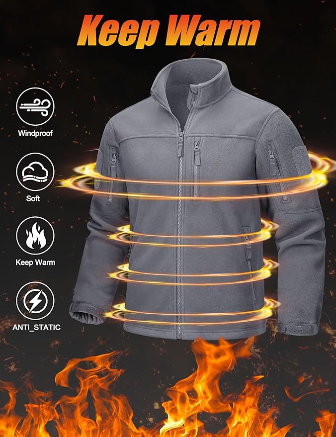 CRYSULLY Men's Fleece Jacket Tactical Full-Zip Winter Coat Jackets Multi Pockets