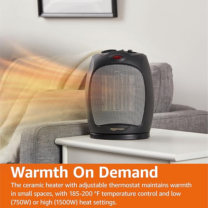 Amazon Basics Oscillating Ceramic Space Heater, Portable Indoor Heating Solution, With Overheat and Tip-Over Protection, Thermostat, 1500W, 7.52"D x 6.34"W x 9.45"H, Black