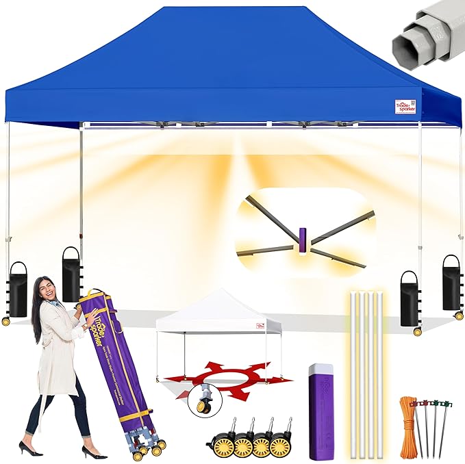 Tradesparker 10x15 Pop Up Canopy Tent,Easy up Commercial Canopy Tent Instant Shelter for Beach Events Parties Camping Market,Pop Up Canopies with LED Curtain+Casters+Weight+Stakes,Blue