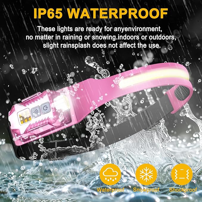 Head Lamp Led Rechargeable, 230° Wide Beam Sensing COB Headlamp Flashlight Detachable, 9 Light Modes, Hard Hat Lamp, IP65 Waterproof 400 Lumens for Camping, Hiking, Fishing, Working, Gift (Pink)