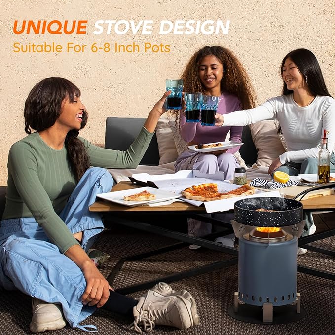 Mini Smokeless Tabletop Fire Pit with Pan Stand, Portable Stainless Steel Firepit Stove for Camping, Burns Pellets or Wood, Includes Travel Bag, Blue