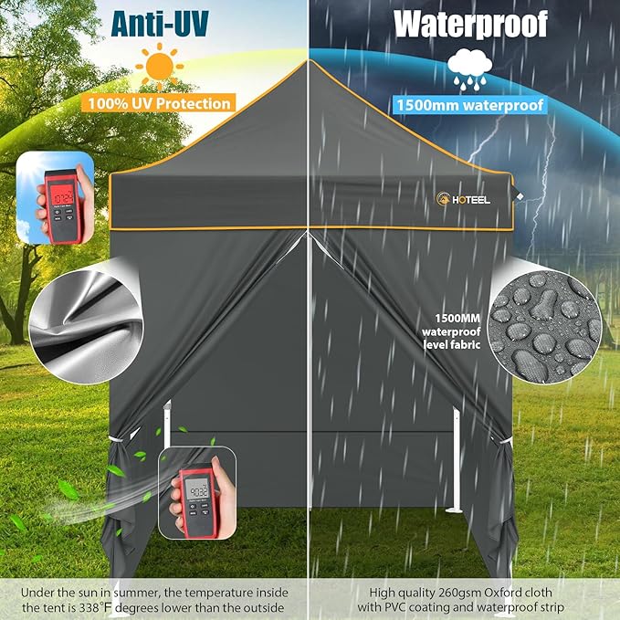 Hoteel 6.6 x 6.6 Pop up Canopy,Easy Up Heavy Duty Canopy with 4 Sidewalls,Upgrade Hexagonal Tube UPF50+ 1500mm Waterproof,Outdoor Canopy Tent with Carry Bag for Commercial Events,Beach,Camping,Grey