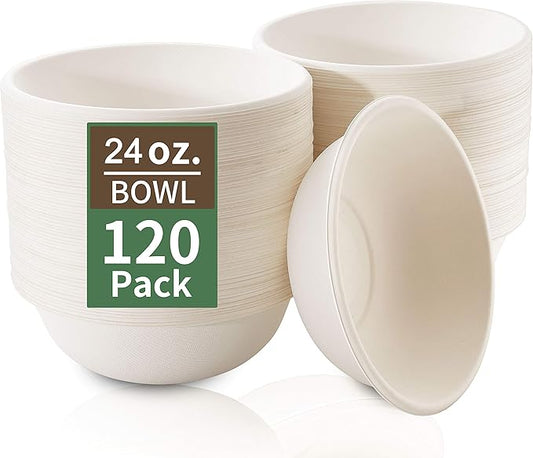 Nervure 120 Pack Biodegradable Paper Bowls - 24 oz. Compostable Disposable Bowls Made by 100% Sugar Cane Fibers - Perfect for Cereal, Salads and Soups