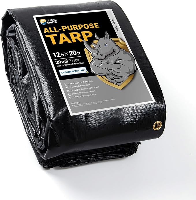 GUARD SHIELD Extreme Heavy Duty Black Poly Tarp 12x20 Feet Cover Waterproof Tarps 20mil Thick UV and Tear Resistant Tarpaulin