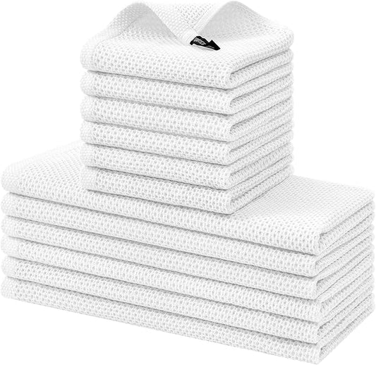 Kitinjoy 100% Cotton Kitchen Towels and Dishcloths Set, 12 Pack-13" x 28" and 12" x 12" Waffle Weave Dish Towels, Ultra Soft Absorbent Quick Drying Dish Rags, White