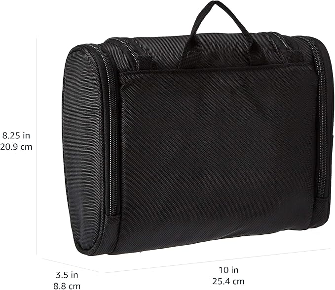 Amazon Basics Travel Toiletry Bag for Men and Women, Hanging Toiletry Bag, Dopp Kit with 2 Side Pockets, Multiple Interior Pockets, Durable 1680D Polyester, Handles Bathroom Spills/Splashes, Black