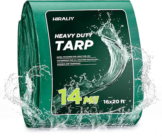 HIRALIY 14 Mil Tarp Waterproof 16x20 Feet, Thick Heavy Duty Tarp with Reinforced Grommets for Firewood, Roof, Camping, Patio, Pool, Boat, Dump Trailer