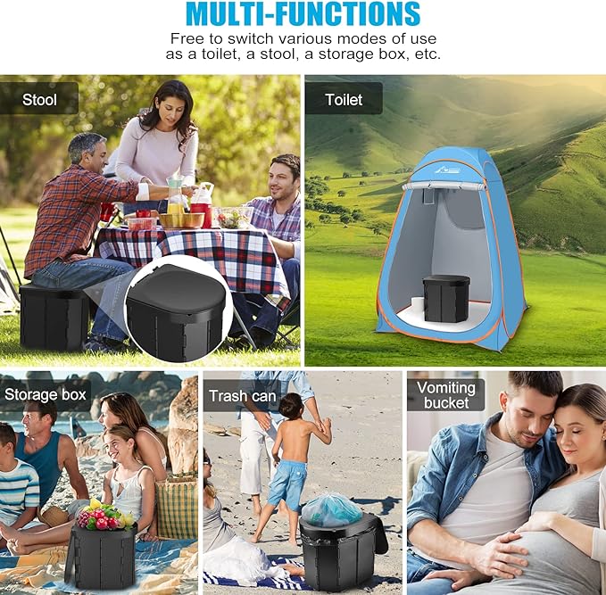 Portable Toilet for Camping, Porta Potty for Adults, Outdoor Folding Travel Toilet with Lid and Retractable Paper Holder, Includes Carry Bag, Female Urination Device and 4 Disposable Urine Bags