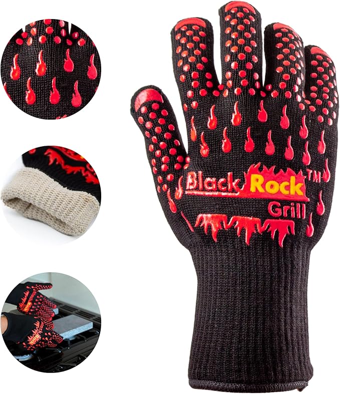 Black Rock Grill Fire & Heat Resistant Cooking Gloves 923F -28cm Silicone Safety Oven Mitts with Fingers- Gloves for Grilling, BBQ, Fireplace, Lava Stones, EN407,EN388, EN ISO 21420 Certified (Medium)