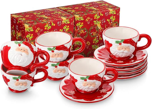 Sieral 6 Sets Christmas Santa Cups and Saucers Ceramic Beverage Drinking Mugs Red Espresso Santa Christmas Coffee Mugs for Cafe Tea Kitchen Holiday Decorations(Snowflake Style)