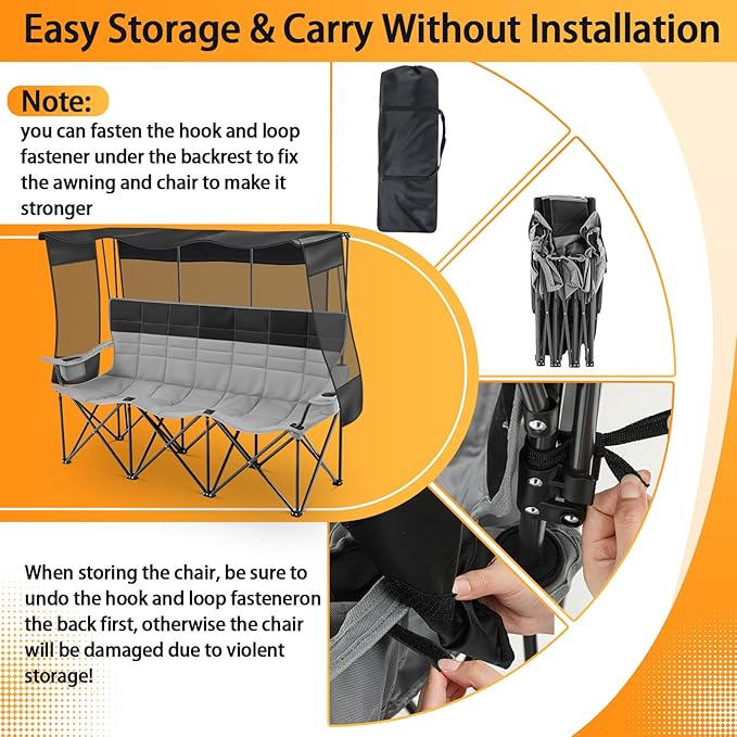 3 Person Camping Chair with Canopy Shade Fully Padded Folding Outdoor Oversized Camping Sofa for 2-3 Person, Heavy Duty Couch with Cup Holder and Carry Bag for Lawn Camp Fall Outdoor Activities