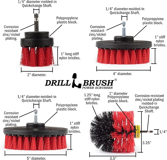 Drillbrush Heavy Duty Stiff Bristle 4 Piece Brush Kit for Cordless Drill – Power Scrubber Attachments Ideal for Cleaning Outdoor Surfaces, Deck, Patio,Brick, Gutter, Chimney, Fireplace, Driveway