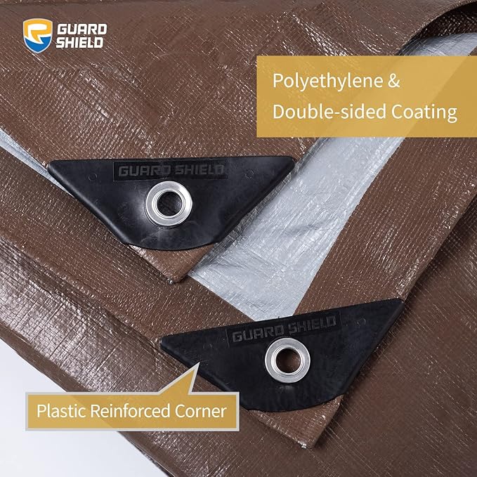 GUARD SHIELD Tarps Heavy Duty Waterproof 20x30 Feet Brown/Bright Silver Poly Tarp Cover Outdoor Thick UV Resistant Tarpaulin with Grommets 10mil