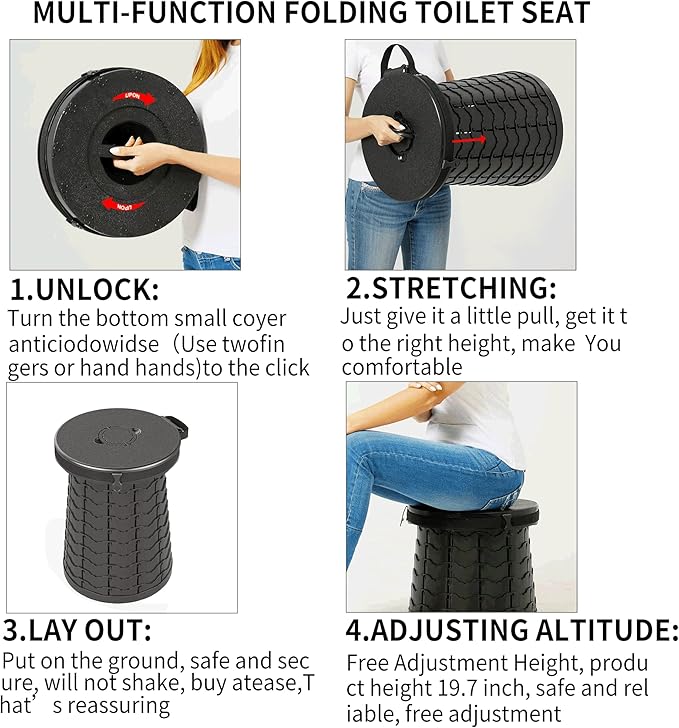 ALEVMOOM XXL Portable Toilet - 19.7" H Taller Wider Collapsible Foldable Camping Toilet with Lid, Strap, Bag - Adjustable for Camping, Hiking, Travel and Car