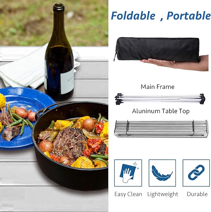 Grope Small Folding Camping Table with Aluminum Table Top, Beach Table for Sand with Carrying Bag,Prefect for Outdoor, Picnic, BBQ, Cooking, Festival (Silver-M)