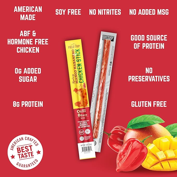 Field Trip Spicy Mango Habanero Chicken Jerky Sticks - Hormone Free, Zero Sugar, Keto, Paleo, Gluten Free, and Allergy Friendly Snack - 50 Calorie, High Protein Snacks - 1oz, 10 Pack