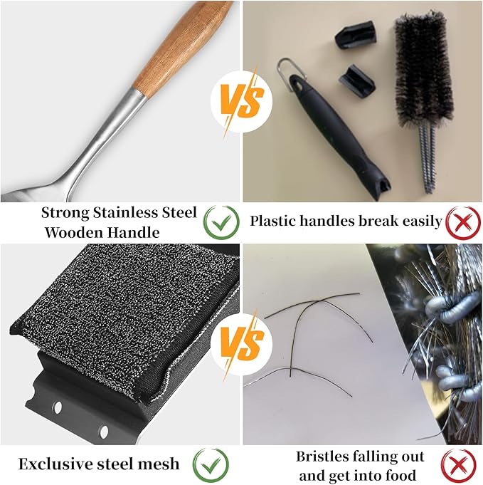 Grill Brush Bristle Free,Unique Steel Fibers Pad [Safe & Efficient] Perfect for Cast Iron/Stainless-Steel Grates- with 1 Replaceable Head,Grill Cleaner for Outdoor Gril,Gifts for Men/Dad