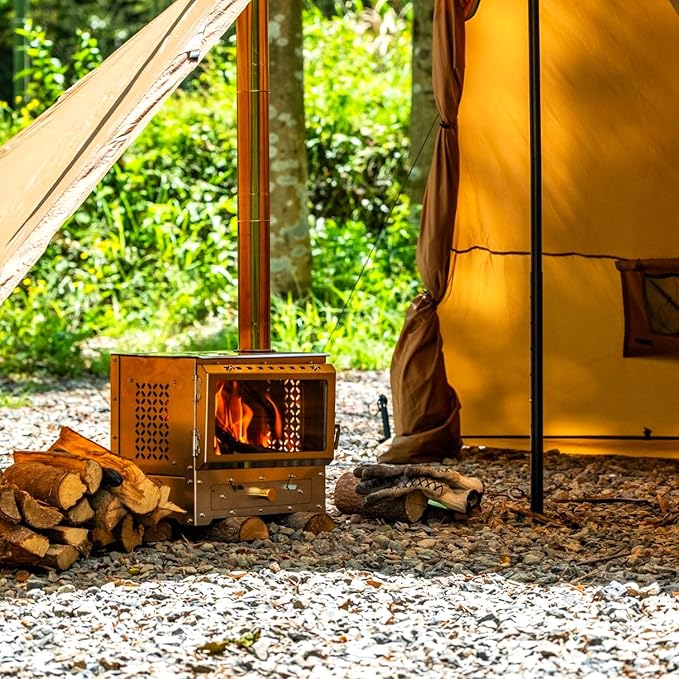Hot Tent Stove, Heavy-Duty Stainless Steel Wood Burning Camping Stove with Chimney Pipes for Outdoor Cooking