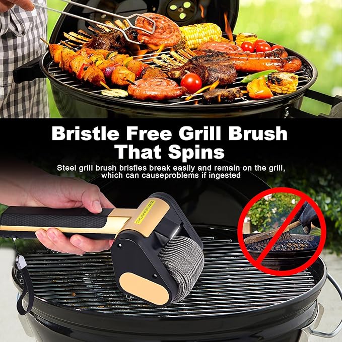 Electric Grill Cleaner Bristle Free – Cordless, Rechargeable BBQ Grill Brush with 350 RPM Stainless Roller, LED Light, Dishwasher-Safe for Gas/Charcoal Grills