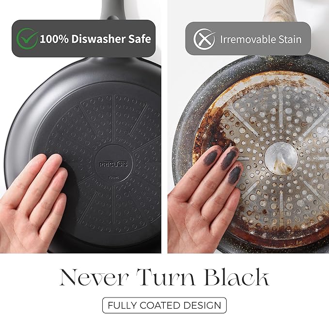Nonstick Ceramic Frying Pan with Lid, 8/10 Inch Skillet with Stay Cool Handle, Fully Coated, Induction Compatible & Oven Safe, 100% Dishwasher Safe, PTFE & PFOA Free（10 Inch, Black Sesame）
