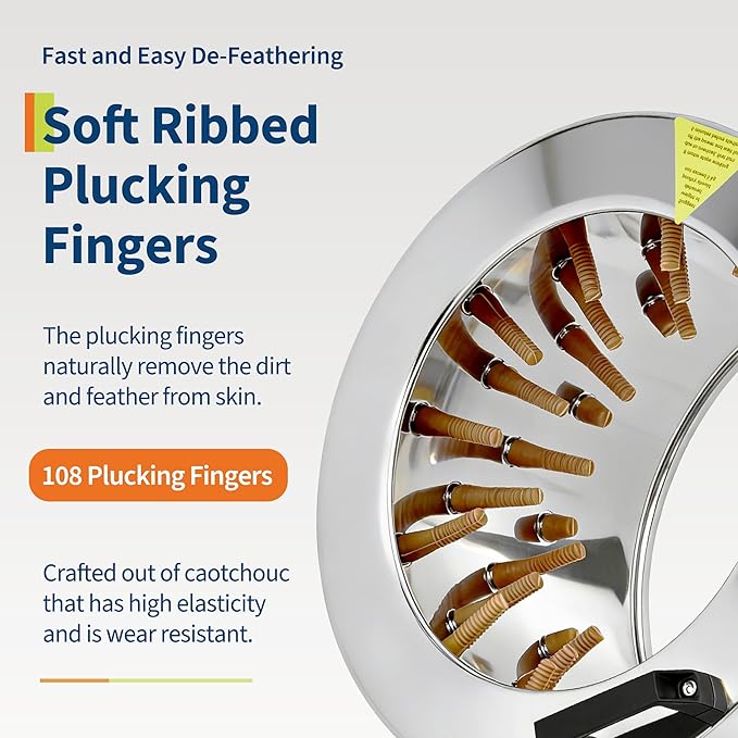 Chicken Plucker Machine, 20 inch Drum Stainless Steel Poultry Plucker, Defeathering Equipment with 108 Soft Fingers, Simple Debris Collection, for Farms, Restaurants, Home, Poultry Plucking, Silver