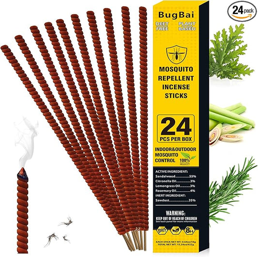 BugBai® Mosquito Repellent Outdoor Patio 24PCS, Extra Large Natural Citronella Incense Sticks for 8-Hour Protection, DEET-Free Mosquito Barrier Control for Indoor Backyard Travel Camping Fishing
