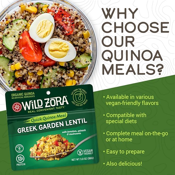 Wild Zora Instant Organic Quinoa Meals - Quick & Tasty Prepared Quinoa Bowls, Pantry Staples Gluten-Free Meal with Lentils Plus 10g Olive Oil Packet - Vegan Variety Sampler (4-Pack)