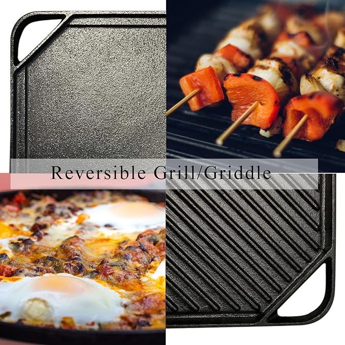 Cast Iron Reversible Grill/Griddle, 10.5-Inch Double Handled Cast Iron Stovetop Grill/Griddle