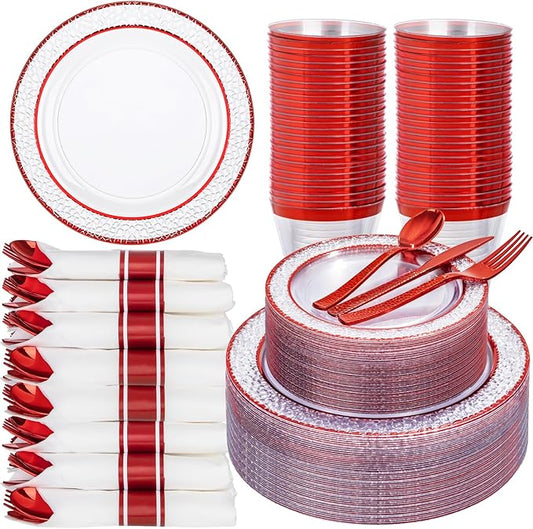 Ciaell 350 PCS Clear and Red Plastic Plates – Red Dinnerware Set for 50 Guests Include 100 Plastic Plates, 50 Pre Rolled Napkins with Cutlery Set, 50 Cups for Wedding & Party & Anniversary & Christmas