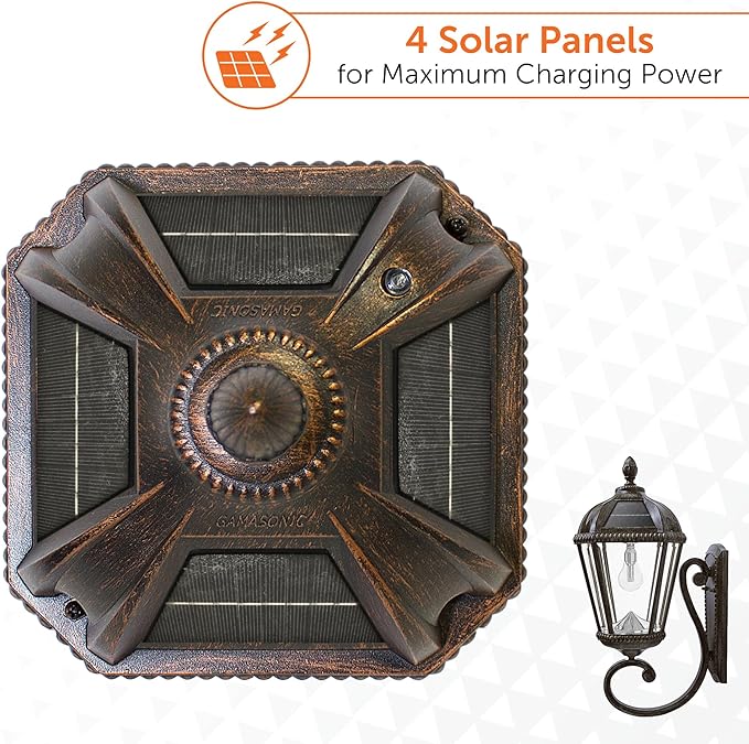 Gama Sonic Solar Outdoor Wall Light, Royal Bulb Exterior Sconce Lamp, Weathered Bronze Finish Aluminum, Rain Water Glass, Warm White LED with Omni-Direction Reflector, 98B310 Upgraded Panel & Battery