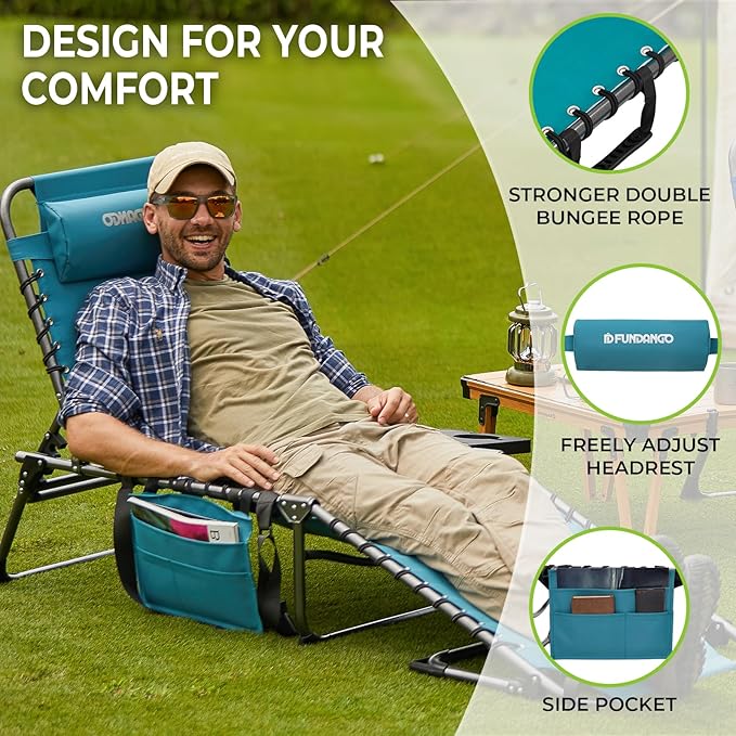 FUNDANGO 2 Pack Folding Chaise Lounge Chair Outdoor, 5 Positions Foldable Beach Lounges Chairs for Adults with Side Table & Pillow for Outside Tanning Pool Camping Patio Lawn (Cyan)