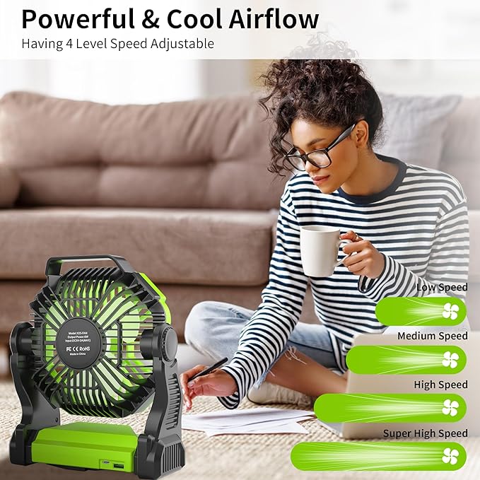 Rechargeable Portable Camping Fan for Tent with LED Light, 270°Pivot USB Personal Battery Powered Fan Outdoor Camping Essentials Battery Operated Portable for Travel X23 Green