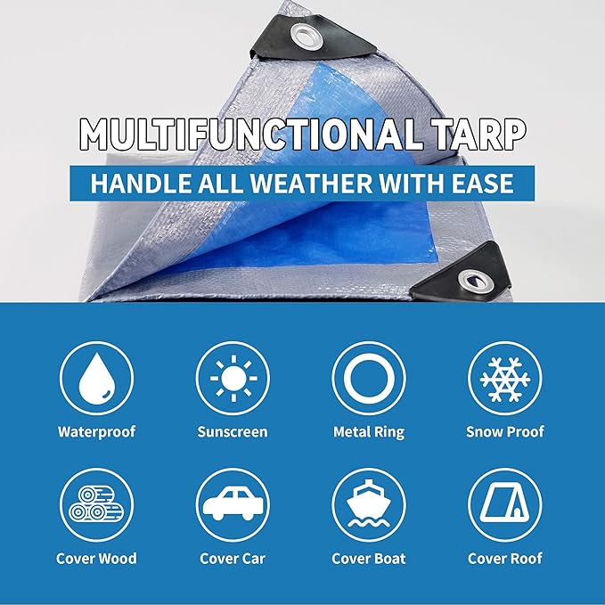 TARPAL Tarp 20x30 Feet Tarp Waterproof Large tarp 7.5mil Waterproof tarps for Outdoors,UV Protection,Rip and Tear Proof,Poly Tarpaulin(Silver/Blue)