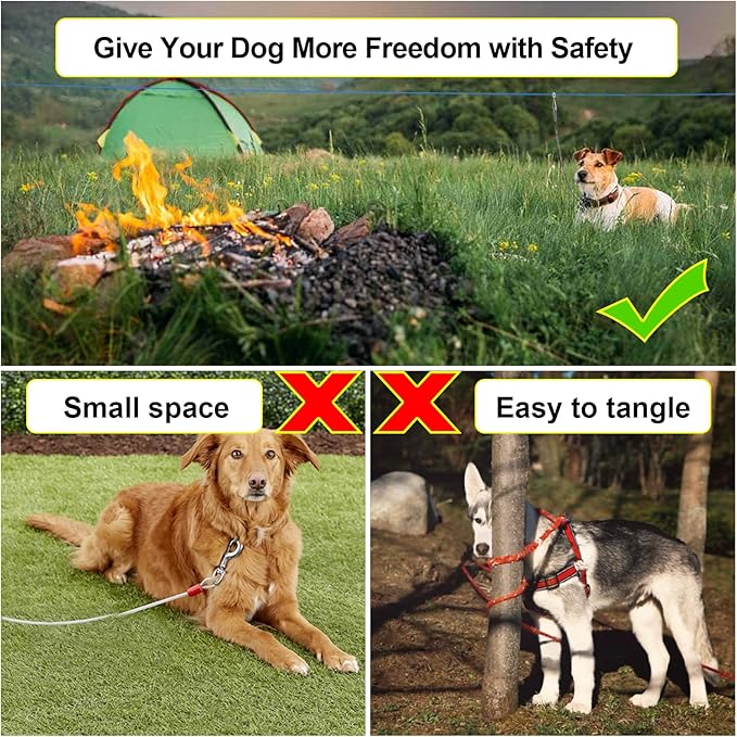 Dog Camping Essentials 50ft Portable Overhead Trolley System Pet Camping Leash for Dogs up to 200lbs Dog Runner for Yard Blue
