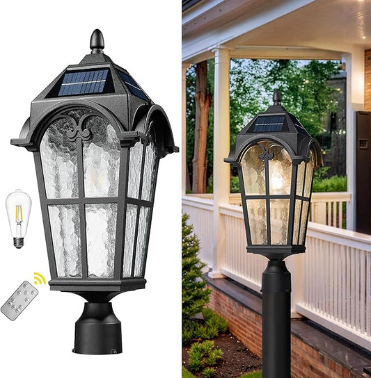 Emliviar Outdoor Solar Lamp Post Light in Black Finish, 22.1" Large Outdoor Lighting with Water Grain Glass Shade for Patio, Vintage Post Lantern LED Bulb Included with Remote Control, YXE302MP-SL BK