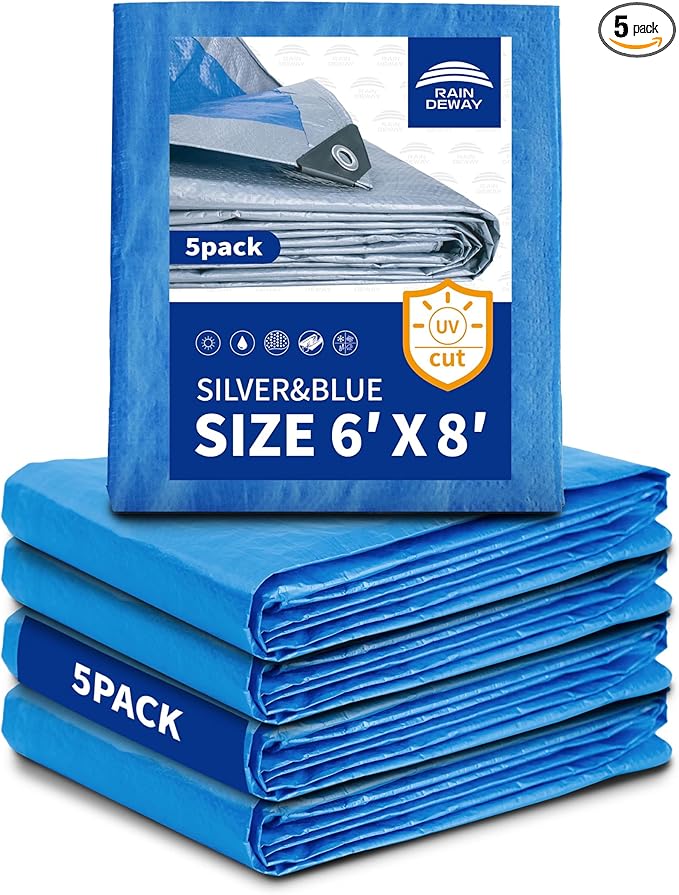 Tarps 6x8 Feet (5 Pack) - 5.5 Mil, Multipurpose Waterproof Poly Tarp Cover with Metal Grommets and Reinforced Edges, Silver/Blue Tarp by RAINDEWAY