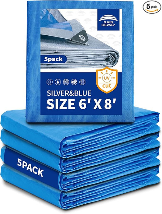 Tarps 6x8 Feet (5 Pack) - 5.5 Mil, Multipurpose Waterproof Poly Tarp Cover with Metal Grommets and Reinforced Edges, Silver/Blue Tarp by RAINDEWAY