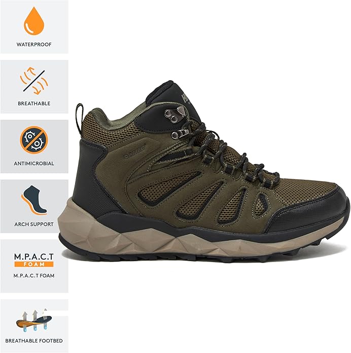 HI-TEC Valley Geo Mid Waterproof Hiking Boots for Men, Lightweight Breathable Outdoor Trekking and Trail Sneakers, Sizes 7 to 15