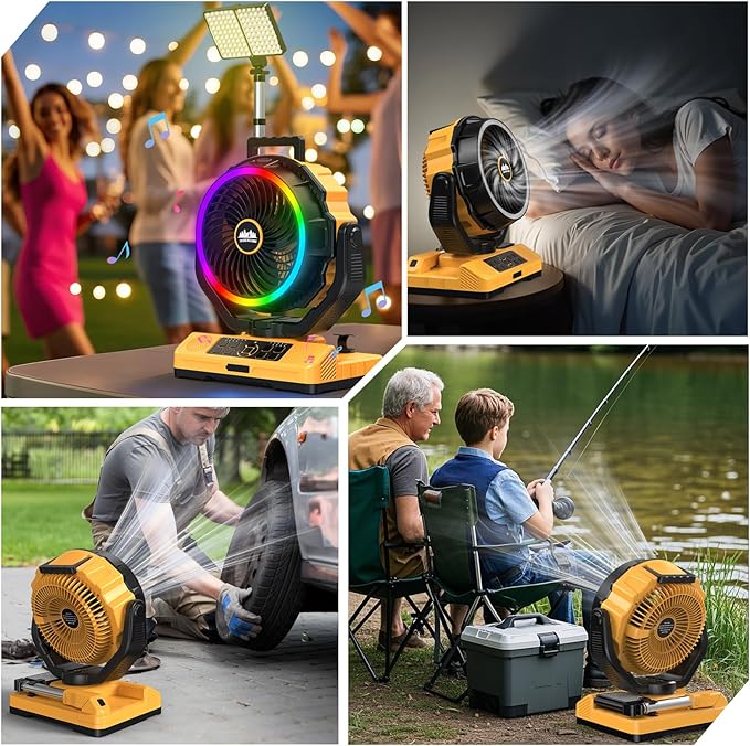 40000mAh Rechargeable Camping Fan for tents With Bluetooth Speaker, Multi-colored LED Light, 6 wind Speeds, 8h Timer, 120° Auto Oscillating Battery Operated Fan for Camping With Fast Charge Adapter