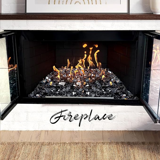 10 Pounds Fire Glass 1/2 Inch High Reflective Tempered Firepit Glass Rocks for Fireplace, Fire Pit Table, Fire Bowl and Landscaping (Onyx Black)