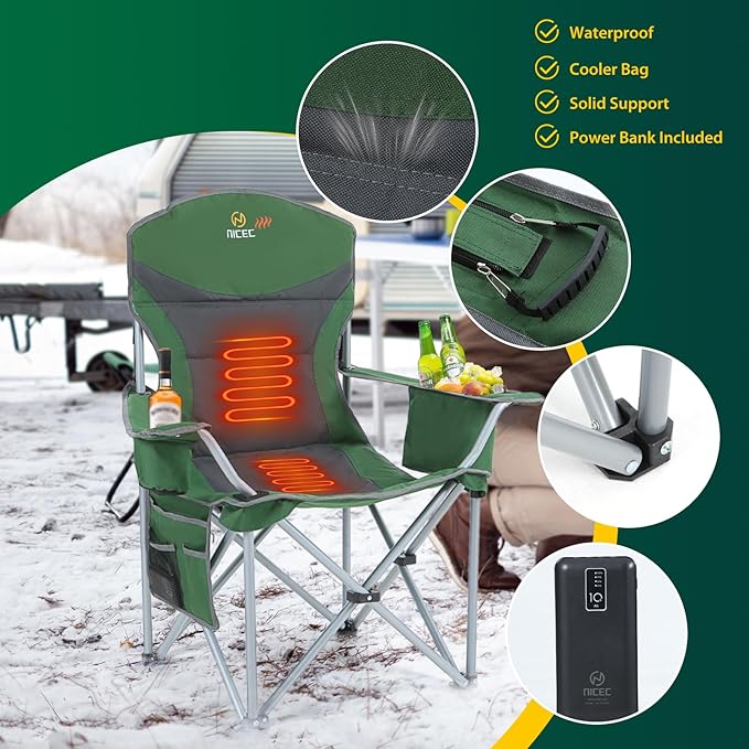 Nice C Heated Camping Chair with Battery, Heated Outdoor Sports Chair, Folding Chairs, with Cooler Bag, Cup Holder, Carry Bag, 10000 mAh Power Bank Included (Green&Grey, Set of 2)