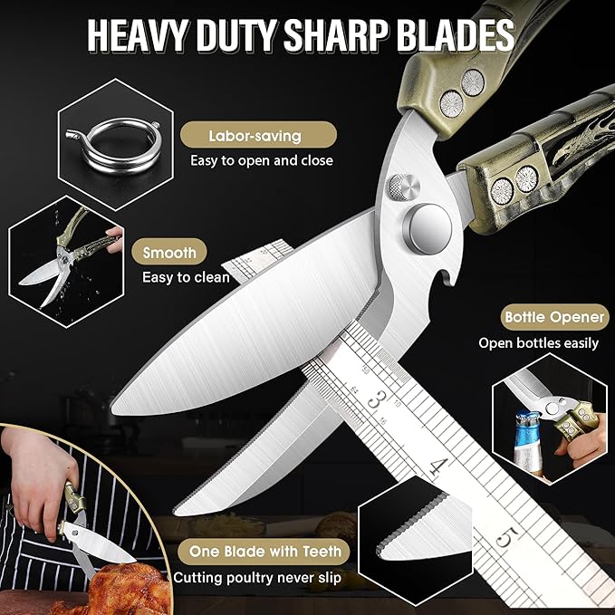 Dream Reach Kitchen Poultry Shears - Heavy Duty Detachable Cooking Scissors with Serrated Edge for Chicken, Meat, Turkey, Green Kitchen Shears for Thansgiving Gift