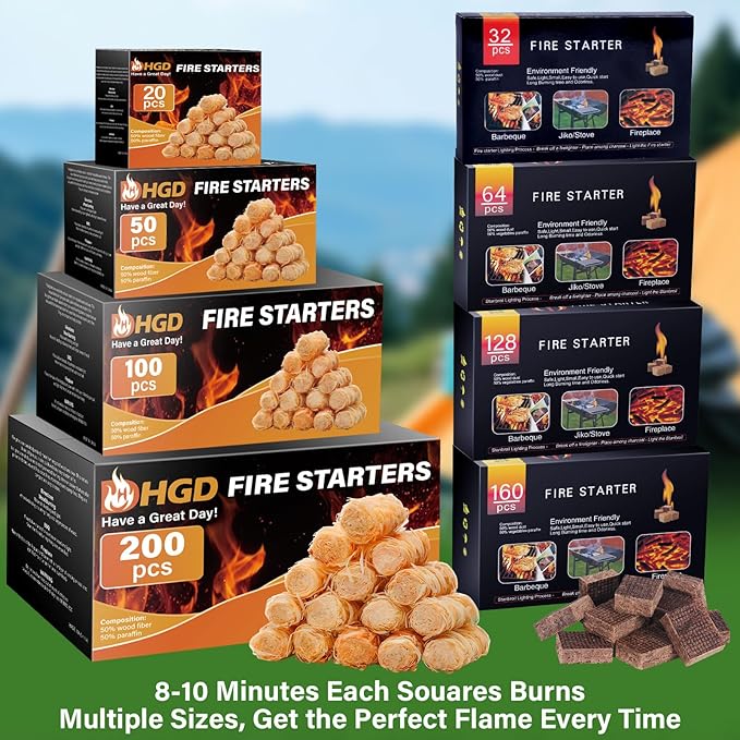 HGD Fire Starter, Natural Fire Starters for BBQ, Campfire, Fireplace, Charcoal, Wood Stove, Chimney, Fire Pit, Grill, Smoker, Indoor Outdoor Use