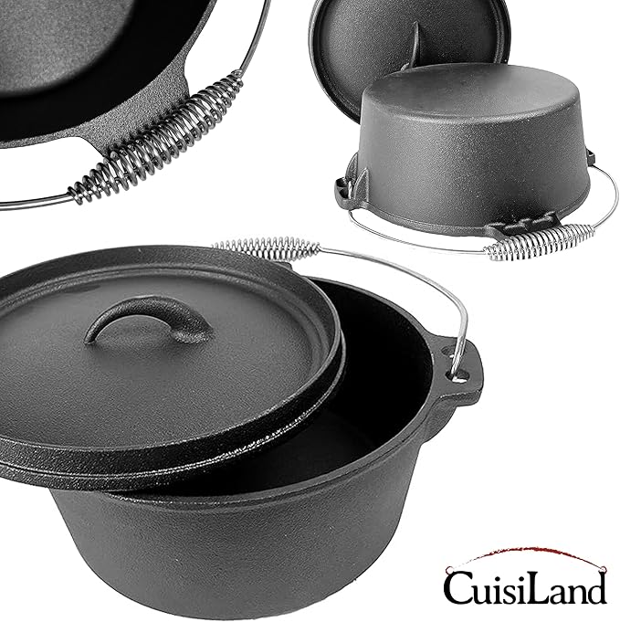 Cuisiland 4.5QT Cast Iron Dutch Oven with Lip Lid & Bail Handle – Pre-Seasoned Camping Pot for Outdoor Cooking, Roasting, and Baking – Heavy-Duty Campfire Cookware with Even Heat Distribution