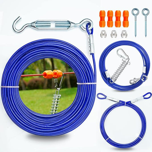 Patented Heavy Duty Dog Tie Out Trolley System Zipline for Small to Large Dogs - 75ft Aerial Runner Cable with 10ft Dog Run Cable and 2 Unique Stoppers for Yard Camping Outdoor