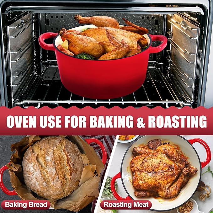 P&P CHEF 7QT Enameled Dutch Oven, Cast Iron Dutch Oven Pot with Lid for Bread Baking, Enameled Casserole Pot for Roasting Braising Stewing Frying Simmering, Various Stoves & Easy Clean, Red
