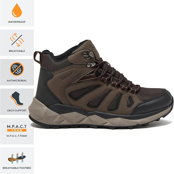 HI-TEC Valley Geo Mid Waterproof Hiking Boots for Men, Lightweight Breathable Outdoor Trekking and Trail Sneakers, Sizes 7 to 15